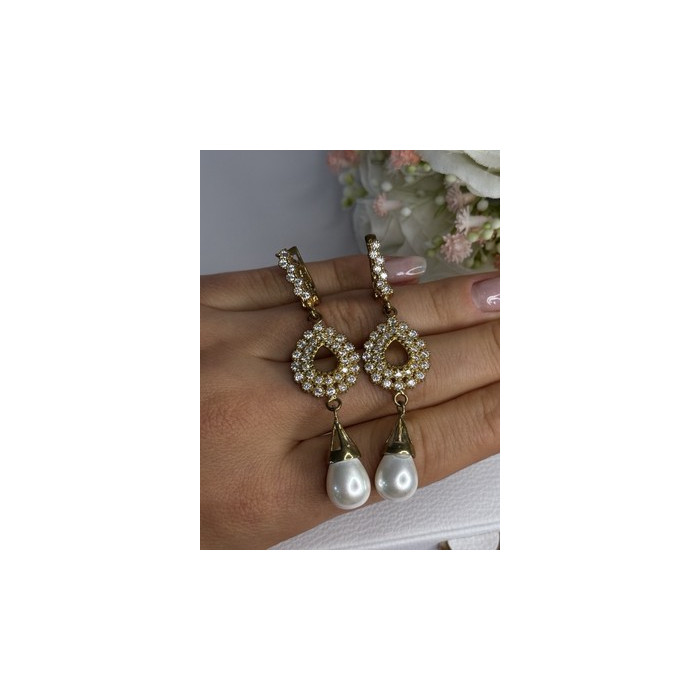 GOLD PLATED PEARL & CZ EARRINGS LENGTH 2.60 INCH