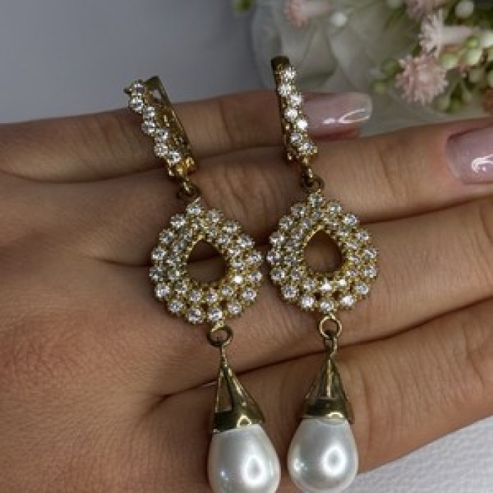 GOLD PLATED PEARL & CZ EARRINGS LENGTH 2.60 INCH