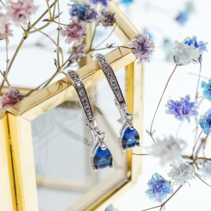 925 Sterling Silver Sapphire & CZ Earrings
