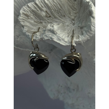 925 Sterling Silver Onyx Heart Dolphin Earrings Length 0.90 inch