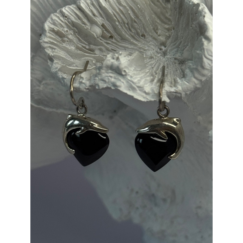 925 Sterling Silver Onyx Heart Dolphin Earrings Length 0.90 inch