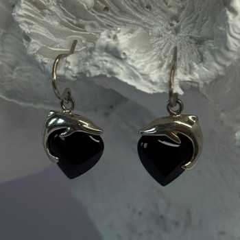 925 Sterling Silver Onyx Heart Dolphin Earrings Length 0.90 Inch