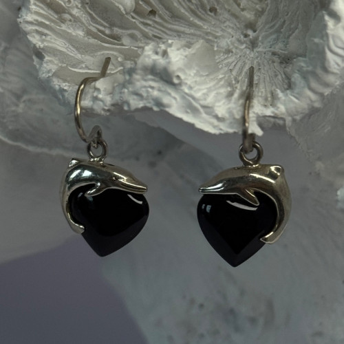 925 Sterling Silver Onyx Heart Dolphin Earrings Length 0.90 Inch