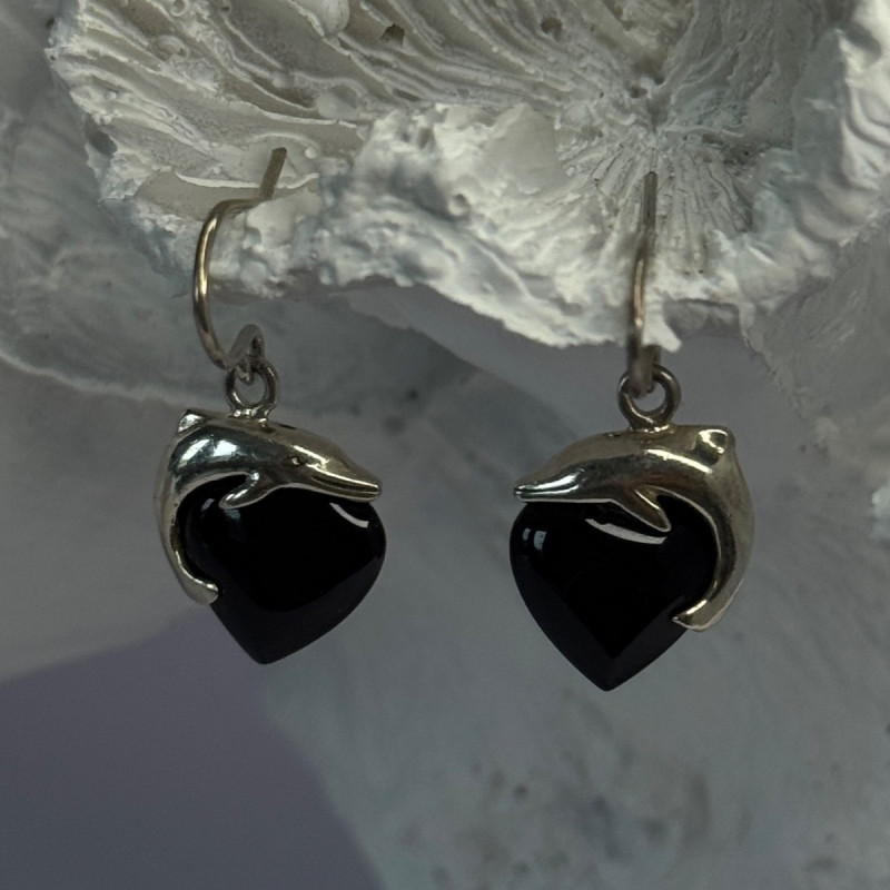 925 Sterling Silver Onyx Heart Dolphin Earrings Length 0.90 Inch