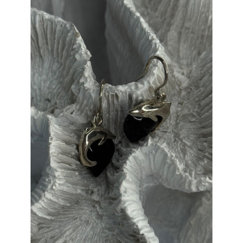 925 Sterling Silver Onyx Heart Dolphin Earrings Length 0.90 inch