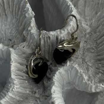 925 Sterling Silver Onyx Heart Dolphin Earrings Length 0.90 Inch