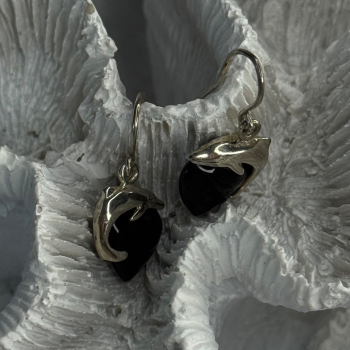 925 Sterling Silver Onyx Heart Dolphin Earrings Length 0.90 Inch
