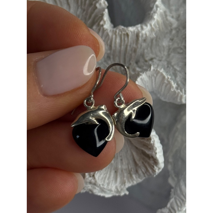 925 Sterling Silver Onyx Heart Dolphin Earrings Length 0.90 inch