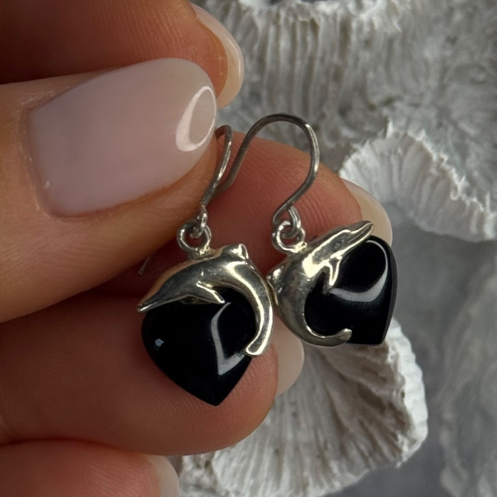 925 Sterling Silver Onyx Heart Dolphin Earrings Length 0.90 Inch