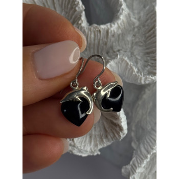 925 Sterling Silver Onyx Heart Dolphin Earrings Length 0.90 inch