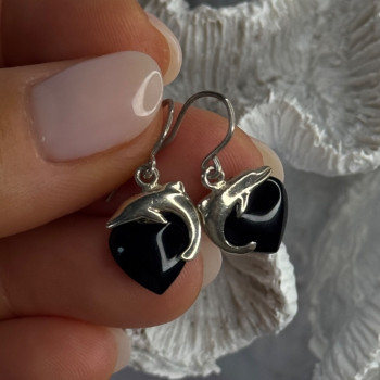 925 Sterling Silver Onyx Heart Dolphin Earrings Length 0.90 Inch