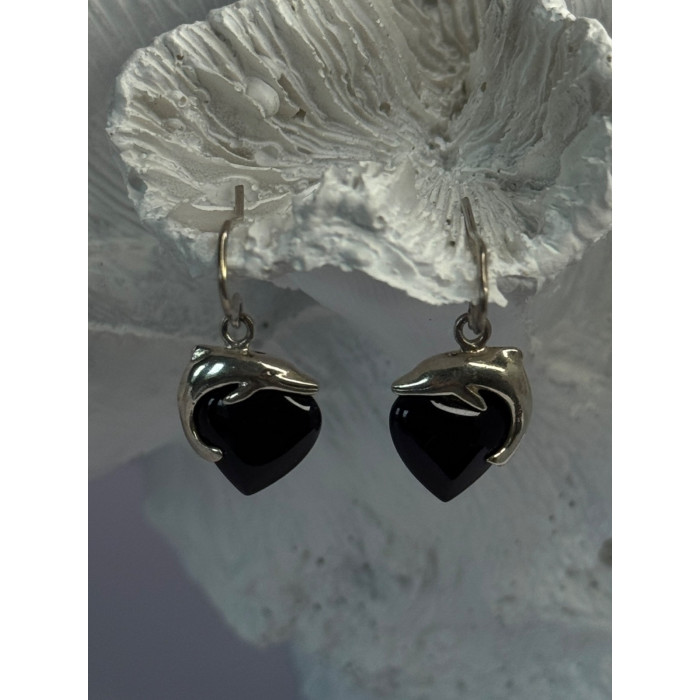 925 Sterling Silver Onyx Heart Dolphin Earrings Length 0.90 inch
