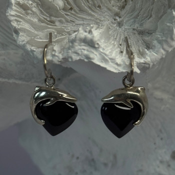 925 Sterling Silver Onyx Heart Dolphin Earrings Length 0.90 Inch