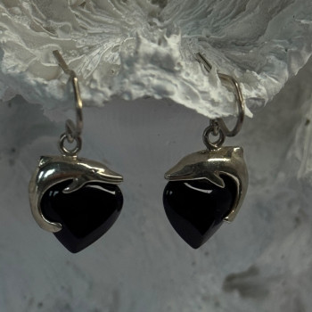 925 Sterling Silver Onyx Heart Dolphin Earrings Length 0.90 Inch