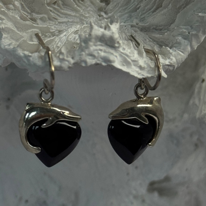 925 Sterling Silver Onyx Heart Dolphin Earrings Length 0.90 Inch