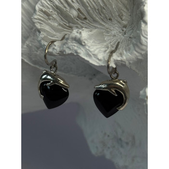 925 Sterling Silver Onyx Heart Dolphin Earrings Length 0.90 inch
