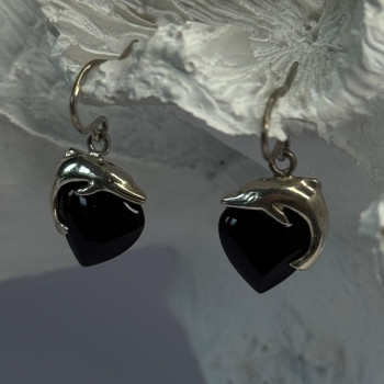925 Sterling Silver Onyx Heart Dolphin Earrings Length 0.90 Inch