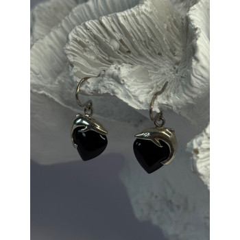 925 Sterling Silver Onyx Heart Dolphin Earrings Length 0.90 inch