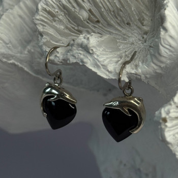 925 Sterling Silver Onyx Heart Dolphin Earrings Length 0.90 Inch