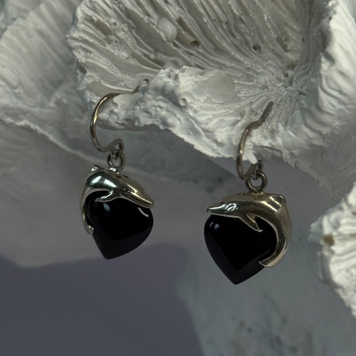 925 Sterling Silver Onyx Heart Dolphin Earrings Length 0.90 Inch
