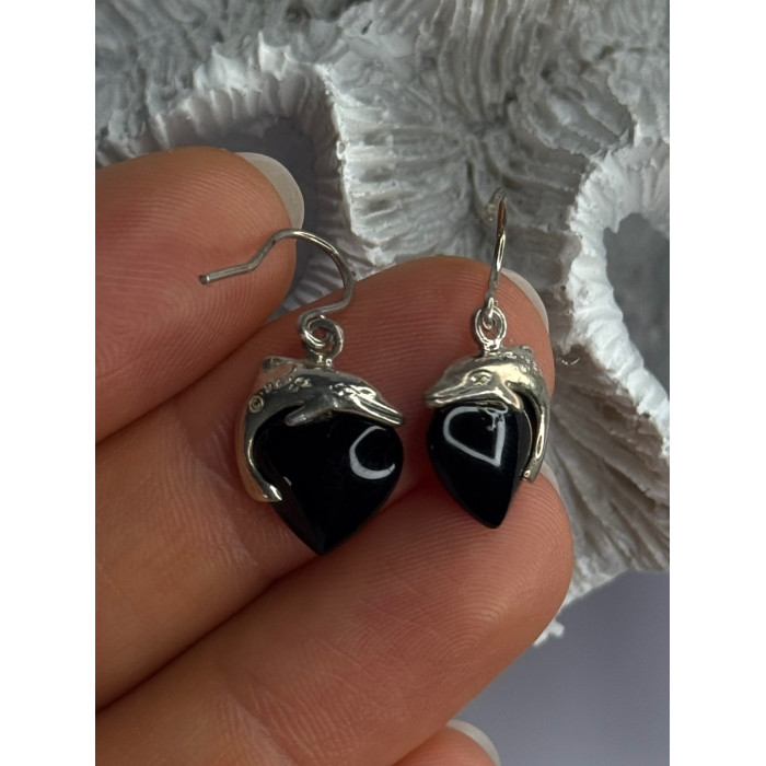 925 Sterling Silver Onyx Heart Dolphin Earrings Length 0.90 inch