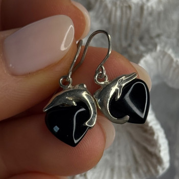 925 Sterling Silver Onyx Heart Dolphin Earrings Length 0.90 Inch