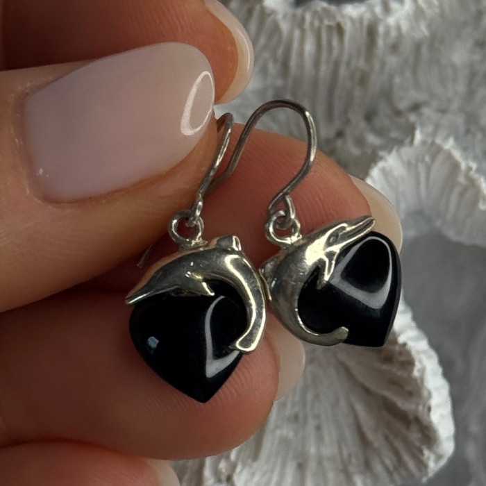 925 Sterling Silver Onyx Heart Dolphin Earrings Length 0.90 Inch
