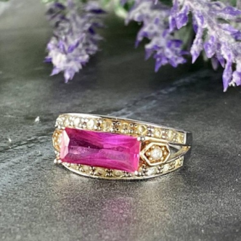 925 Sterling Silver Pink Topaz & CZ Ring Size 8.5