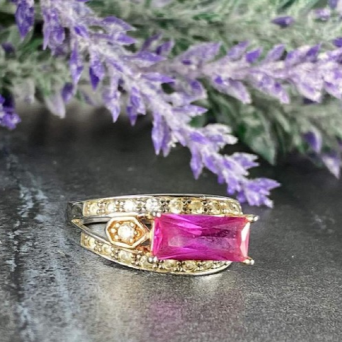 925 Sterling Silver Pink Topaz & CZ Ring Size 8.5