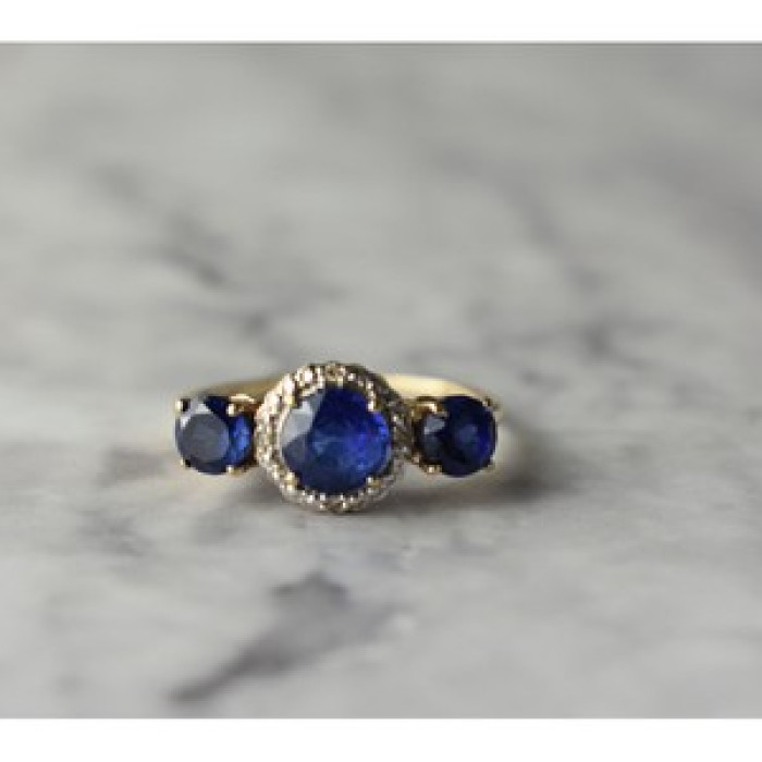 10K Yellow Gold London Blue Topaz & Diamonds Ring Size 6.5