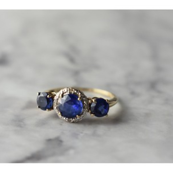 10K Yellow Gold London Blue Topaz & Diamonds Ring Size 6.5