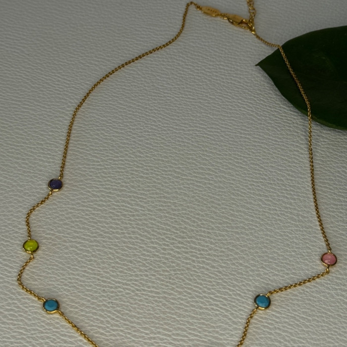 925 Sterling Silver Gold Plated Gemstones Necklace Length 15/16.5 Inch
