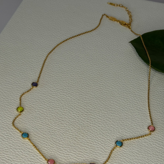 925 Sterling Silver Gold Plated Gemstones Necklace Length 15/16.5 Inch