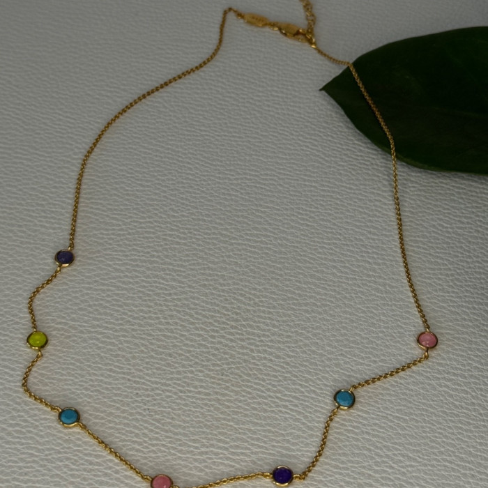 925 Sterling Silver Gold Plated Gemstones Necklace Length 15/16.5 Inch