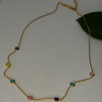925 Sterling Silver Gold Plated Gemstones Necklace Length 15/16.5 Inch