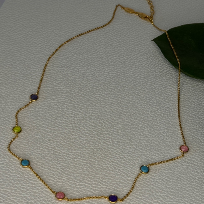 925 Sterling Silver Gold Plated Gemstones Necklace Length 15/16.5 Inch