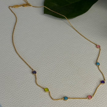 925 Sterling Silver Gold Plated Gemstones Necklace Length 15/16.5 Inch