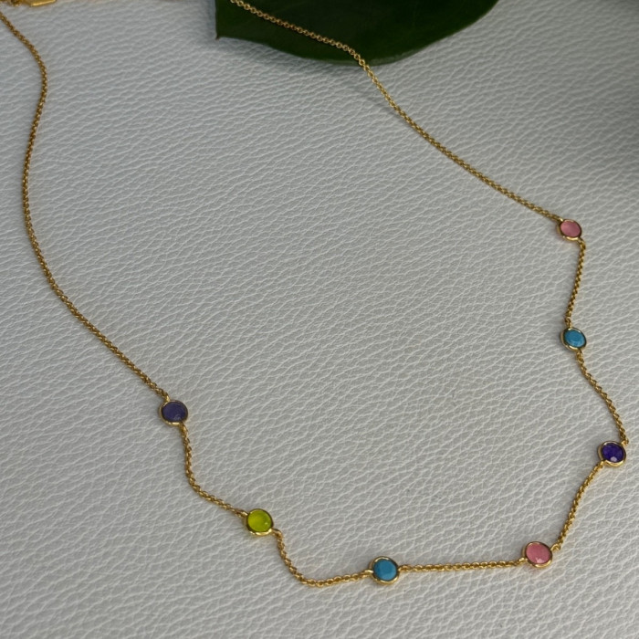 925 Sterling Silver Gold Plated Gemstones Necklace Length 15/16.5 Inch