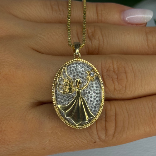 925 Sterling Silver Gold Plated Angel Cz Necklace Length 19.5 Inch