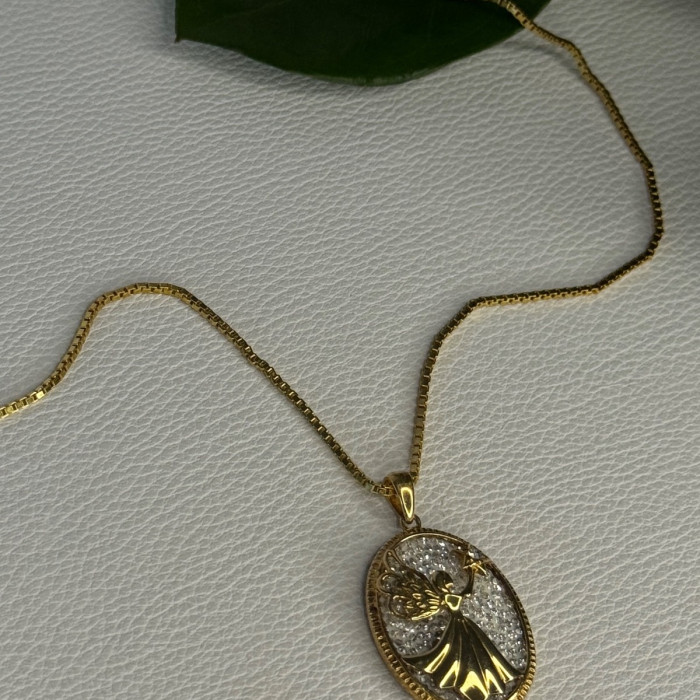 925 Sterling Silver Gold Plated Angel Cz Necklace Length 19.5 Inch
