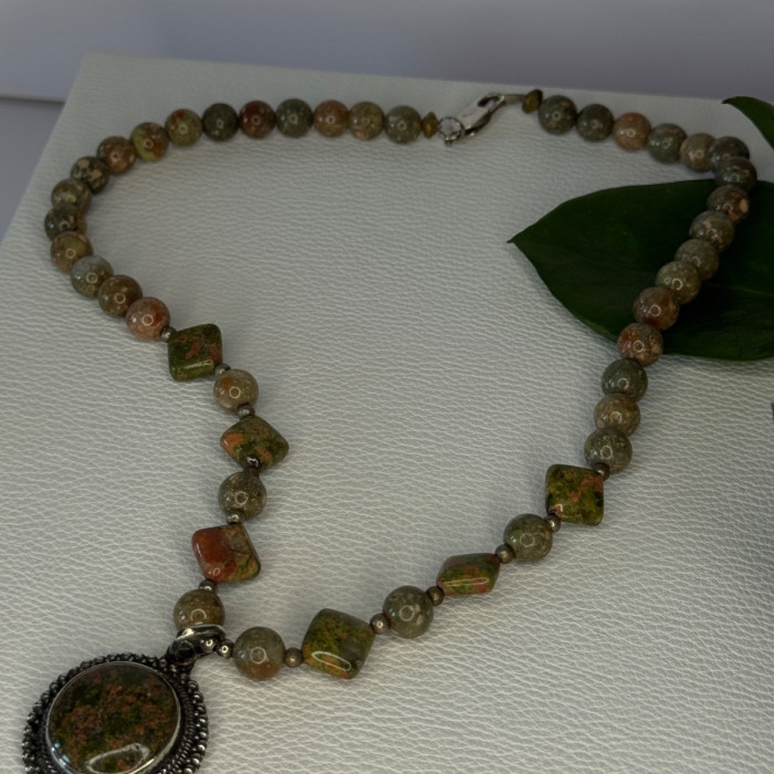 Vintage 925 Sterling Silver Unakite Necklace Length 17 Inch