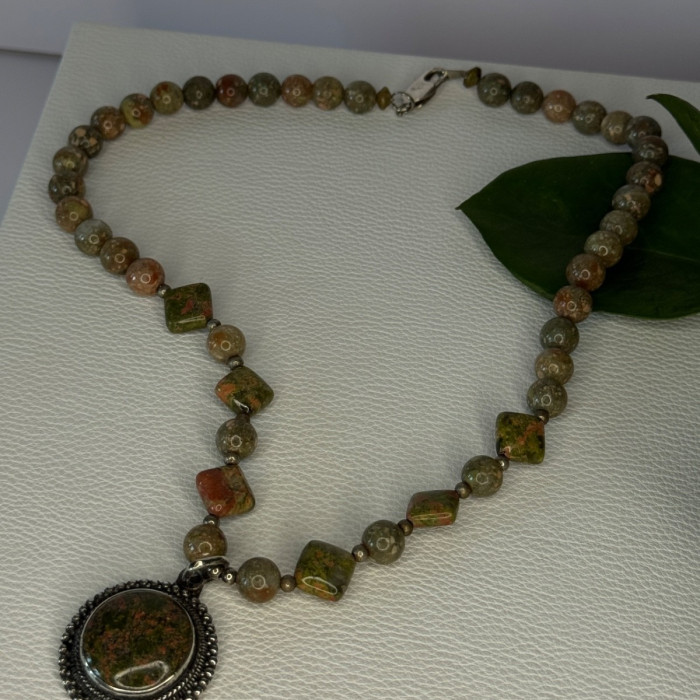 Vintage 925 Sterling Silver Unakite Necklace Length 17 Inch