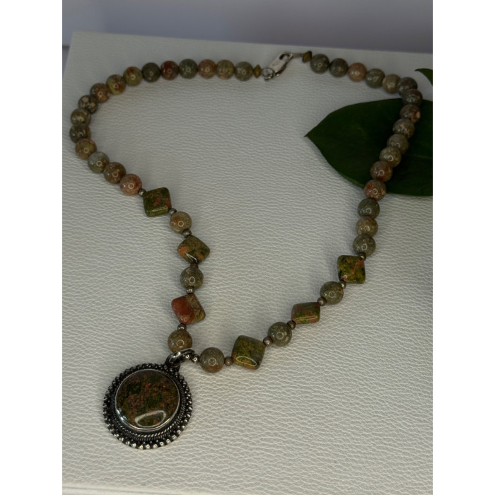 Vintage 925 Sterling Silver Unakite Necklace Length 17 inch