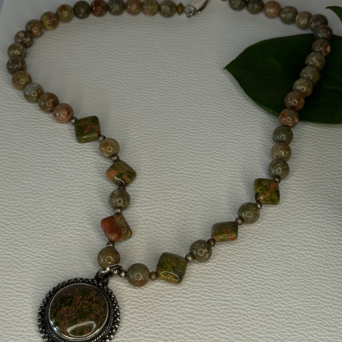 Vintage 925 Sterling Silver Unakite Necklace Length 17 Inch