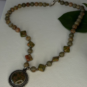 Vintage 925 Sterling Silver Unakite Necklace Length 17 Inch