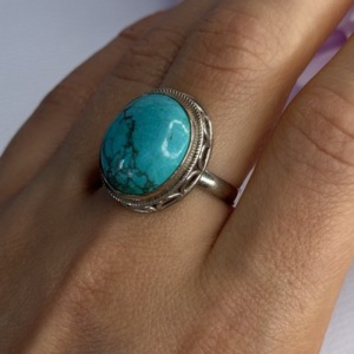 Vintage 925 Sterling Silver Turquoise Ring Size-Able