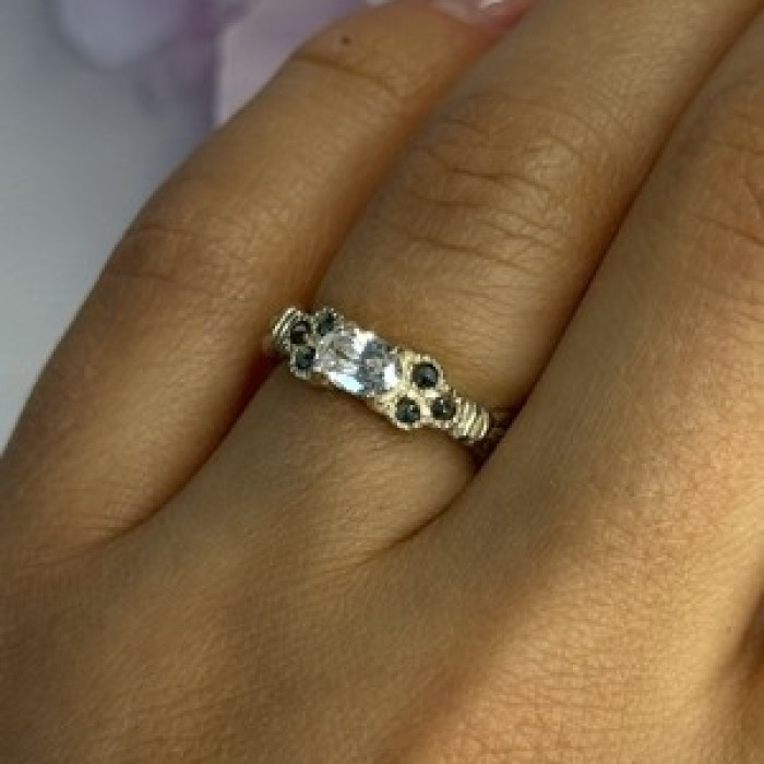 925 Sterling Silver Beryl & Marcasite Ring Size 7