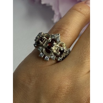 Vintage 925 Sterling Silver Garnet & Beryl Ring Size 5