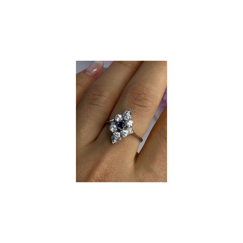 925 Sterling Silver Blue & White Sapphire Flower Ring Size 8