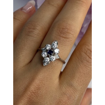 925 Sterling Silver Blue & White Sapphire Flower Ring Size 8